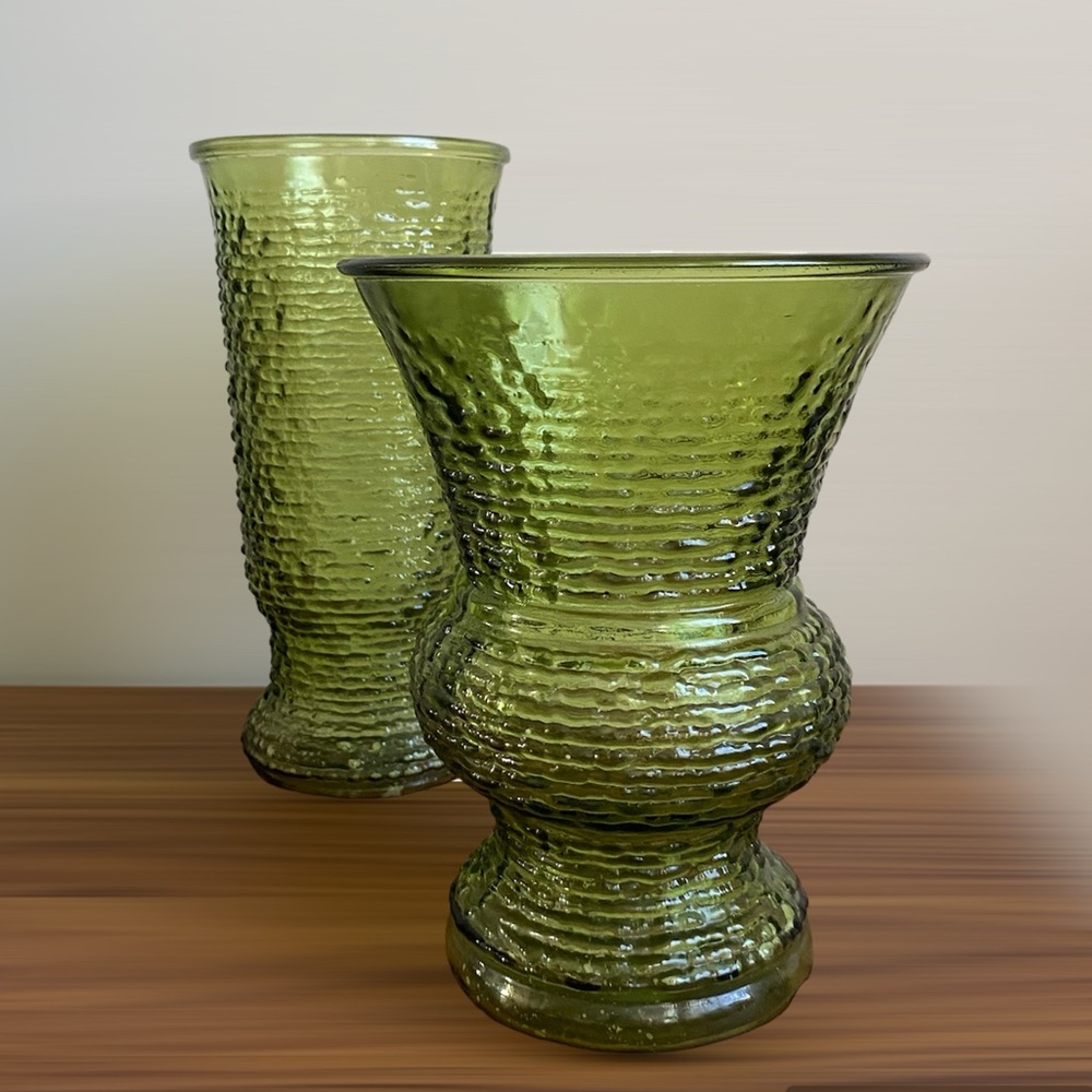 Set of 2 Mid-Century Modern NAPCO Textured Vases Olive Green